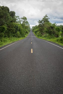 Uzun düz simetrik asfalt yol ile beyaz bulutlar ormandaki