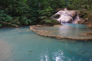Erawan şelaleler ile açık yeşil pond ve balık
