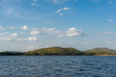 Su ve gökyüzünün sarı orman ile mavi arka plan