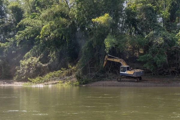 Bambu orman Nehri yakınında aşağı kesme Ekskavatör