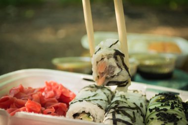 Piknik. Suşi bir yaz gününde açık havada