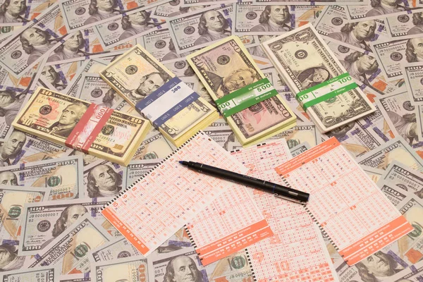 Gana Lotería Billete Lotería Lápiz Sobre Fondo Dólar — Foto de Stock