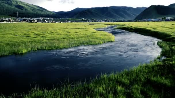 Filet coule la rivière dans une petite vallée parmi les montagnes des champs . — Video