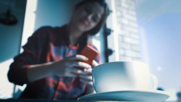 Frau fotografiert leckeren Salat mit Handy im Restaurant — Stockvideo