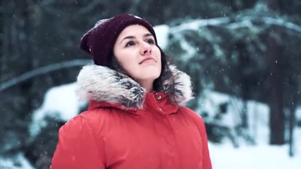 Joven modelo hermosa posando sobre el bosque de invierno . — Vídeo de stock