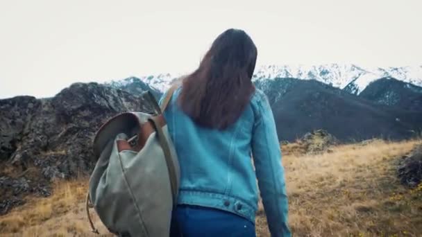 Caminhante andando parando de olhar para a vista. Caminhadas ativas menina ao ar livre nas montanhas durante a caminhada . — Vídeo de Stock