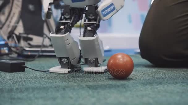 Nowosibirsk russland - 20.06.2017: Unterhaltung autonome mobile Roboter spielen Fußball. Roboter spielen Fußball oder Fußball. Roboter, wie Menschen den Ball kicken und ins Tor schießen — Stockvideo