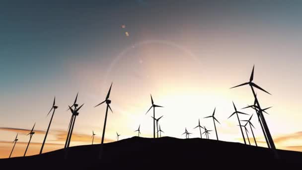 Вітрові турбіни на сході сонця. Проблеми екології та енергозбереження .. — стокове відео