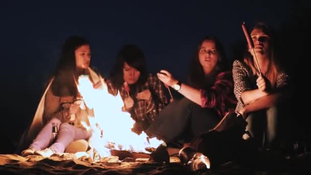 いくつかの女の子は、夜とフライのソーセージで火災で座っています。説明し、会話をリードします。キャンペーンに来ています。 — ストック動画