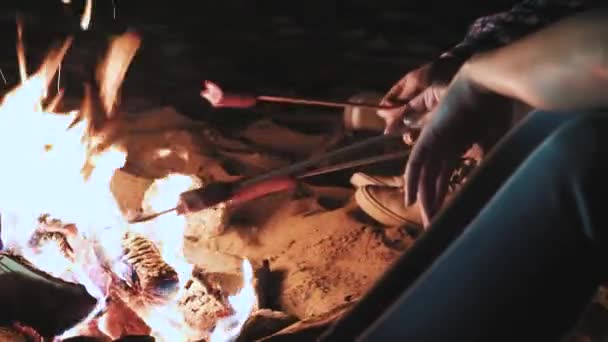 Several girls sit by the fire at night and fry sausages. Discuss and lead the conversation. Have come on a campaign — Stock Video