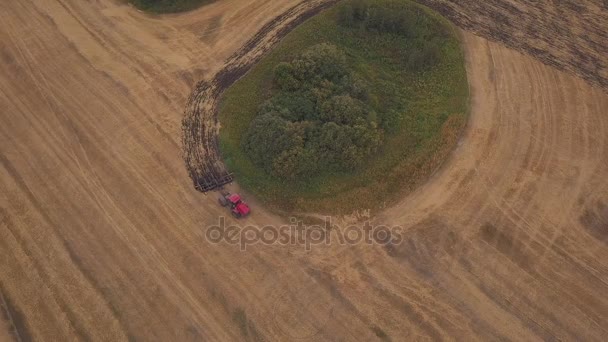 AERIAL: shooting to the drone over the field of arable land. A red tractor clears the field in the fall — Stock Video