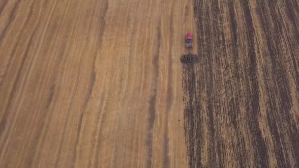 AERIAL: shooting to the drone over the field of arable land. A red tractor clears the field in the fall — Stock Video