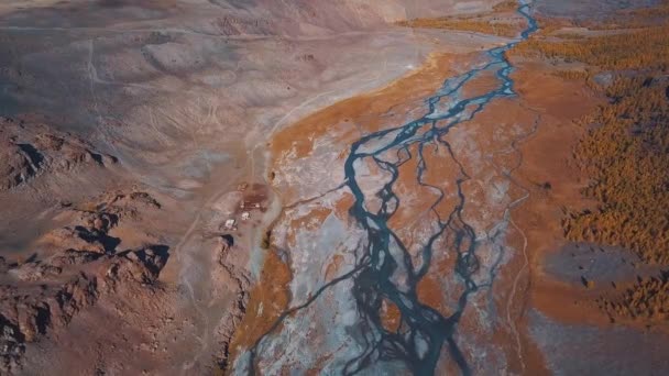 Aerea - Volo su un fiume di montagna autunno. L'acqua è turchese e il larice è giallo. Volo in una bellissima valle di montagna . — Video Stock