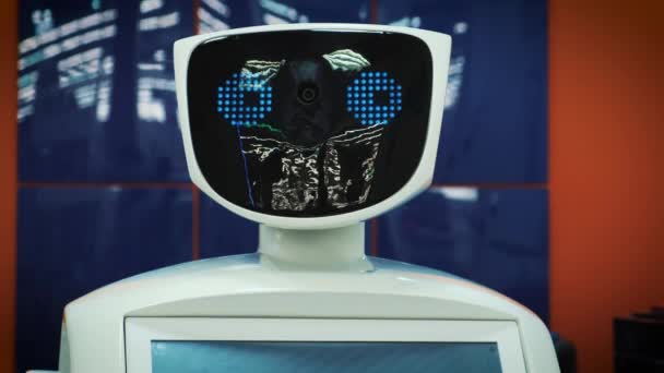 Modern robotik teknolojiler. Robot kişi kameraya bakar. Robot duygular gösterir. Android iletişim olan adam. Kişi bakar — Stok video