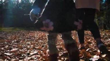 Mutlu anne ve kızı orman yolu yürüyor. Anne ve kızı sonbahar ormanda yürüyüş. sonbahar sarı yapraklar atmak.