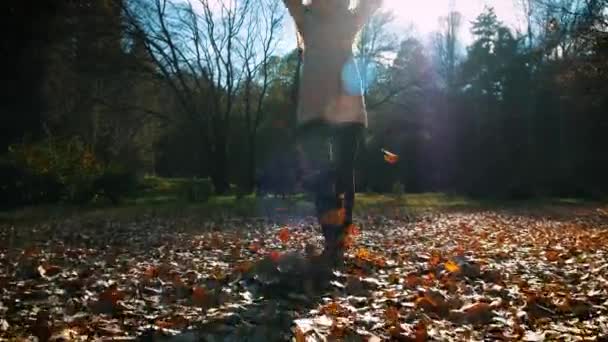 Mujer de otoño feliz lanzando hojas de otoño divirtiéndose riendo, jugando y corriendo en hermoso follaje colorido del bosque al aire libre. Chica alegre juguetona en abrigo rojo en el bosque amarillo . — Vídeos de Stock