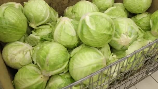 Un colpo medio che passa davanti a verdure fresche in un supermercato. cavolo giace in un mucchio in una scatola di cartone — Video Stock