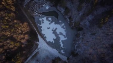 bir dron donmuş bir göl üzerinde uçuş. Buz ve su üzerinde daireler. Kış gölde bir orman veya park, ağaçlar arasında.