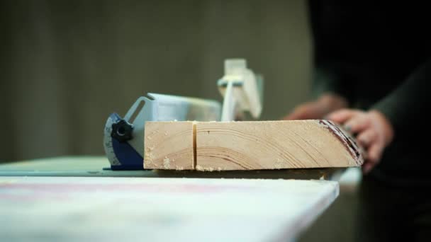 Holz schneiden in einer Holzfabrik. Nahaufnahme von Clips zum Sägen von Holz. Ein Sägewerk ist eine Anlage, in der Stämme zu Holz geschnitten werden. — Stockvideo