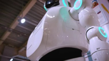 Modern robotik teknolojiler. Bir adam bir robot ile iletişim kurar plastik mekanik bir kol için robot, basar el sıkışma.
