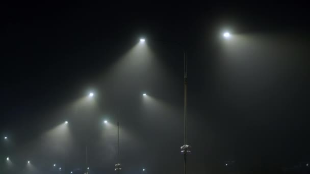 車はぬれた霧の道で夜に運転する。危険な夜の運転高速道路のライトがついてる — ストック動画