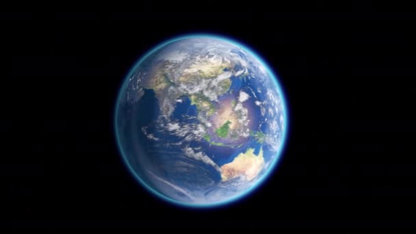 Planet earth from space. The planet is spinning fast, moving in time. The camera flies away from the Earth. Stars twinkle. Flight over the Earth. Realistic atmosphere. 3D Volumetric clouds — Stock Video