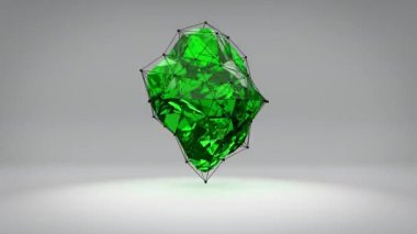 3D animasyon. Küre şeklini kaotik bir tel örgüye dönüştüren soyut animasyon. Gerçek bir kalbe benzeyen soyut yeşil bir figür..