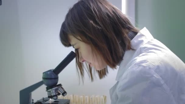 年轻的女科学家透过显微镜看. 她研究样品。 一位年轻科学家进行科学研究. 她正在研究一种病毒，寻找一种流行疫苗的治疗方法 — 图库视频影像