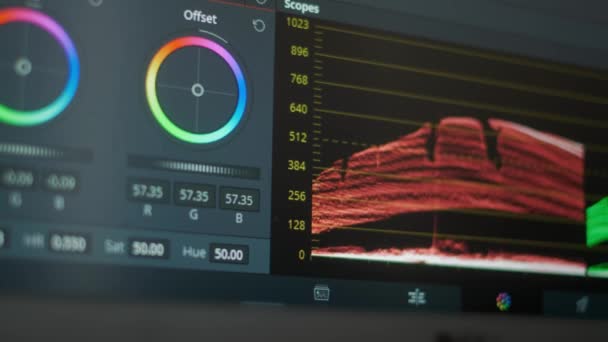 A interface de software para vídeo de classificação de cores em cinema e televisão. Pós-produção profissional para fotos e vídeos. Correcção de cor da imagem . — Vídeo de Stock