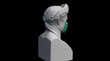 Tıbbi maskeli Yunan büstü. Koronavirüs kavramında soyut animasyon. Dijital piksel sanat retrofuturizmi. Salgın ve virüs enfeksiyonu teması. Salgın ve karantina kavramında VJ döngüsü
