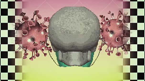 Abstract animation in the concept of coronavirus. Digital pixel art retrofuturism. Theme of pandemic and virus infection. Concept of epidemic and universal quarantine. Skull in medical mask. — Stock Video