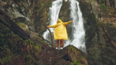 Sarı yağmurluk giyen genç bir erkek gezgin güzel bir şelalenin tadını çıkarıyor. Dağlarda yürüyüş. Yürüyüşçü şelaleye koşar, ellerini kaldırır. Ağır çekimde yaşam tarzı. Konsept: din, biyoloji.