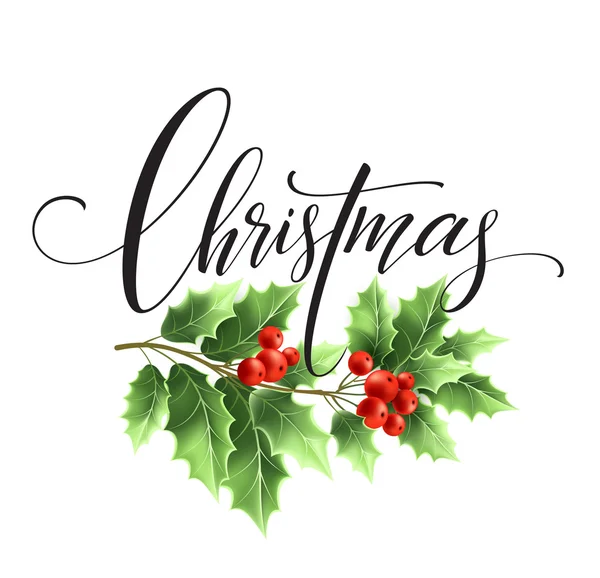 Vidám karácsony betűkkel kártya holly. Vektoros illusztráció — Stock Vector