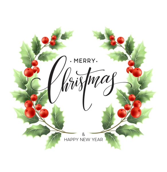 Merry Christmas belettering card met holly. Vectorillustratie — Stockvector