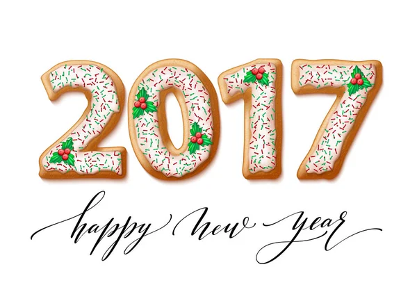 Νέο έτος 2017 σε σχήμα του αριθμού μελόψωμο ως cookie. Εικονογράφηση διάνυσμα — Διανυσματικό Αρχείο