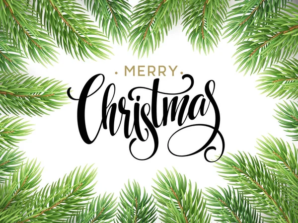 Rami dell'albero di Natale Confine con la scrittura a mano Lettering. Illustrazione vettoriale — Vettoriale Stock