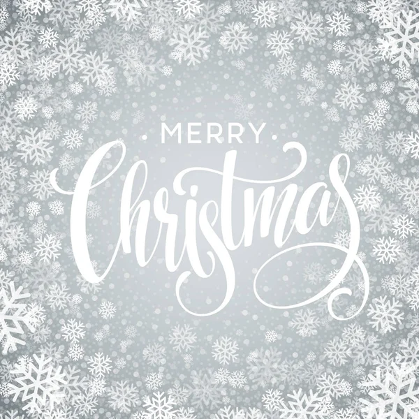 Buon Natale disegno lettering con fiocchi di neve bianchi su sfondo grigio gradiente. Illustrazione vettoriale — Vettoriale Stock