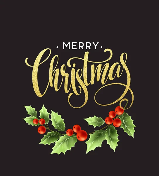 Merry Christmas belettering met holly berry. Vectorillustratie — Stockvector