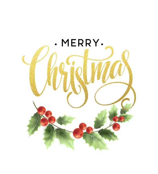 Merry Christmas belettering met holly berry. Vectorillustratie — Stockvector