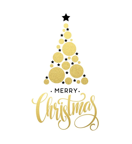 Vektorové ilustrace zlatý vánoční stromeček s třpytivý kruh a hvězda. Veselé vánoční nápisy — Stockový vektor