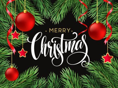 El yazısı ile Noel ağacı dalları sınır yazı. Vektör çizim