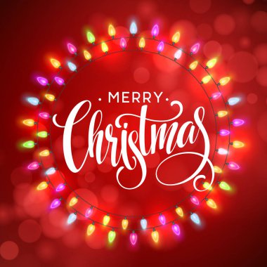 Tebrik kartları tasarım parlayan ışıklar çelenk Xmas tatil için. Neşeli Noel yazı etiket. Vektör çizim