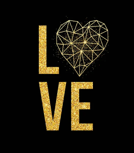 Happy Valentijnsdag liefde wenskaart met witte laag poly stijl hart vorm in gouden glitter achtergrond. Vectorillustratie — Stockvector