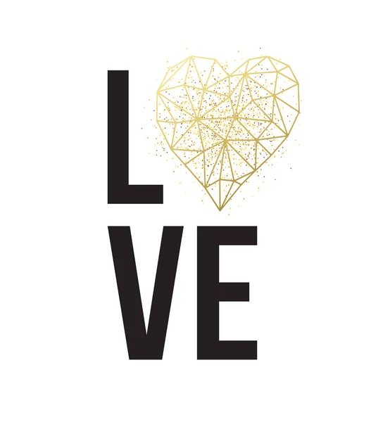 Glückliche Valentinstag Liebe Grußkarte mit weißem Low-Poly-Stil Herzform in goldenem Glitzerhintergrund. Vektorillustration — Stockvektor