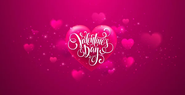 Feliz día de San Valentín texto escrito a mano sobre el fondo borroso del corazón. Ilustración vectorial — Archivo Imágenes Vectoriales