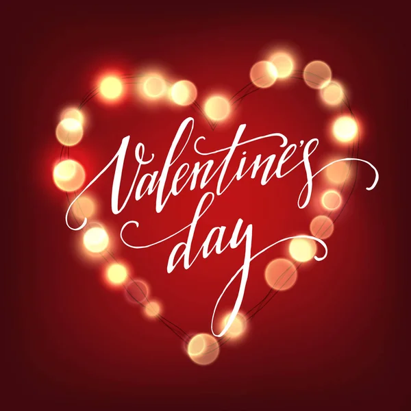 Valentinstag Tageskarte mit leuchtenden Lichtern Herz. Vektorillustration — Stockvektor