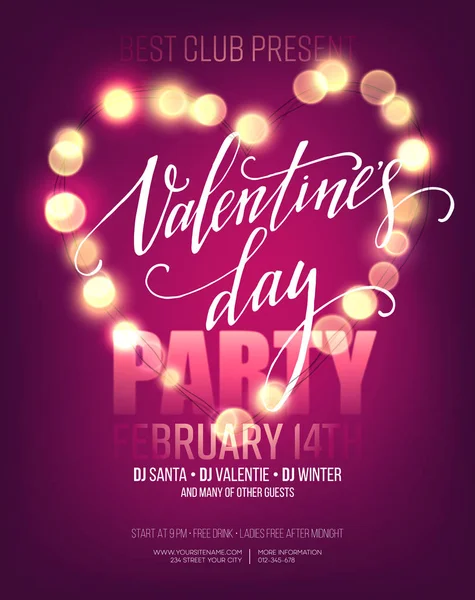 Valentines day Party poster with bright lights. Vector illustration — Stock Vector