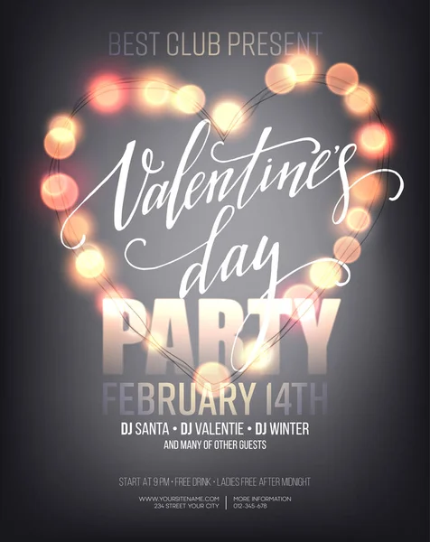 Cartel de la fiesta de San Valentín con luces brillantes. Ilustración vectorial — Vector de stock