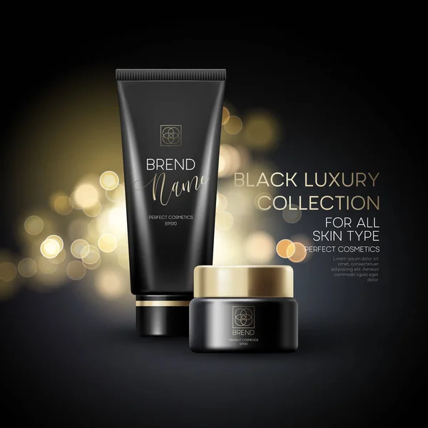 Diseño de productos cosméticos publicidad sobre fondo negro. Ilustración vectorial — Vector de stock