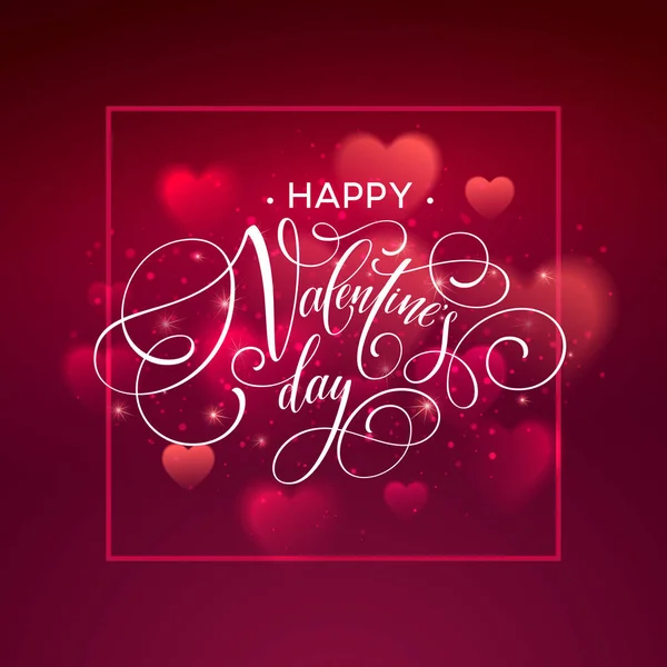 Feliz día de San Valentín texto escrito a mano sobre el fondo borroso del corazón. Ilustración vectorial — Vector de stock